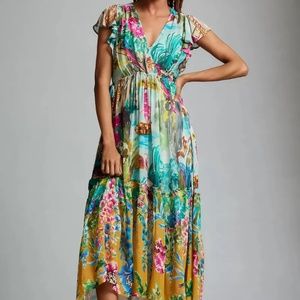 NWT Anthropologie V-Neck Flutter-Sleeve Colorful Tropical Print Dress M